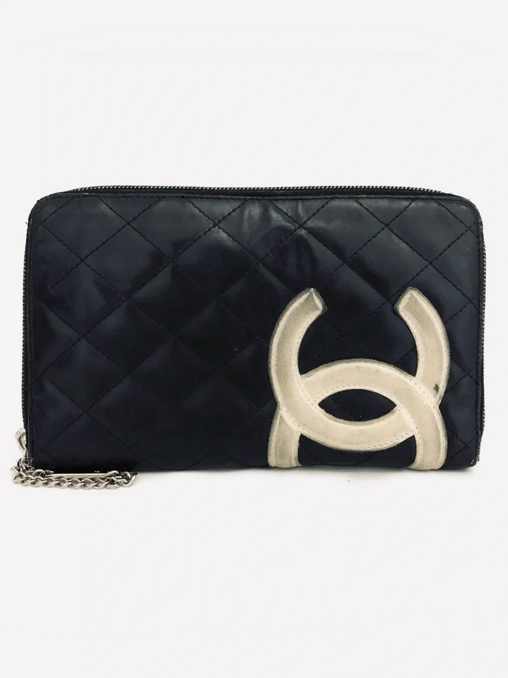CHANEL Black Cambon Leather Zip Wallet with Cream CC Patch